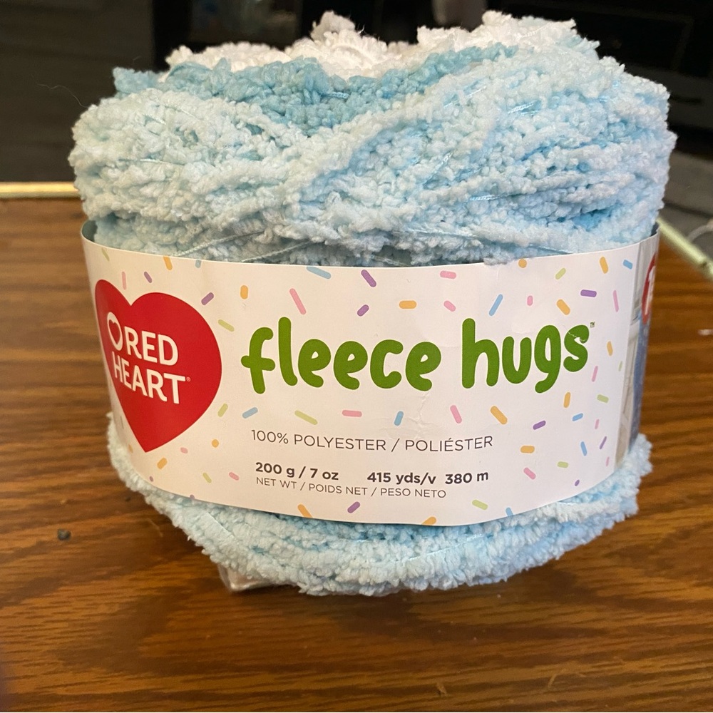 Red Heart Fleece Hugs Yarn - Soft teal/gray/white. No smoking home.